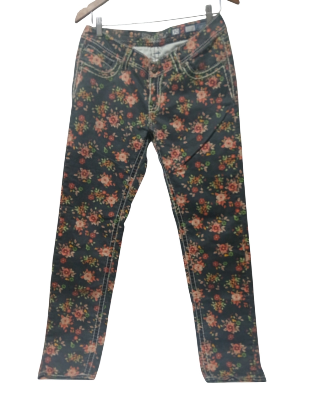 Miss Me Black Floral Skinny Jeans with Pink & Green Accents